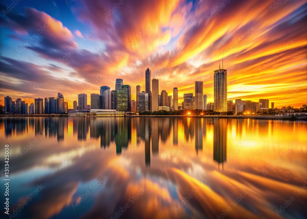 Fototapeta premium Warm Sunset Long Exposure Cityscape - Vibrant Urban Night Photography