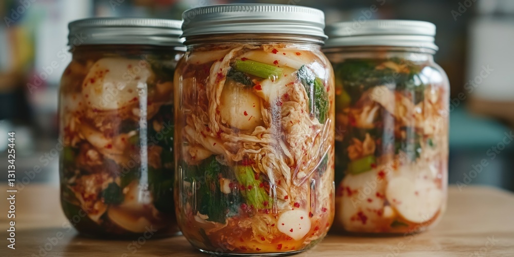 Three jars of food are sitting on a table. The jars are filled with a red sauce and have a green and red topping. The jars are arranged in a row, with the middle jar slightly taller than the other two Three jars of food are sitting on a table. The jars are filled with a red sauce and have a green and red topping. The jars are arranged in a row, with the middle jar slightly taller than the other two