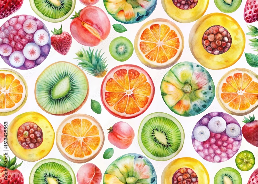 Watercolor Circle Fruit Pattern Background Double Exposure Stock Photo Watercolor Circle Fruit Pattern Background Double Exposure Stock Photo
