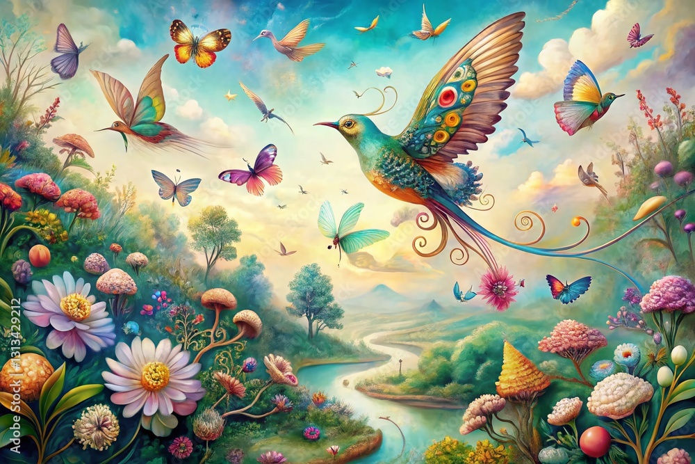 Fototapeta premium Whimsical Bird and Butterfly Aerial Pattern - Colorful Nature Art