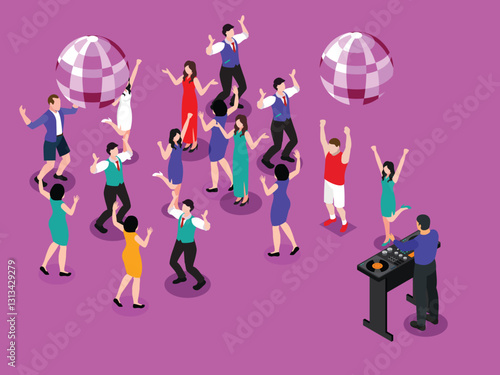 Party Celebration with Dancing People and DJ 3d flat vector illustrations