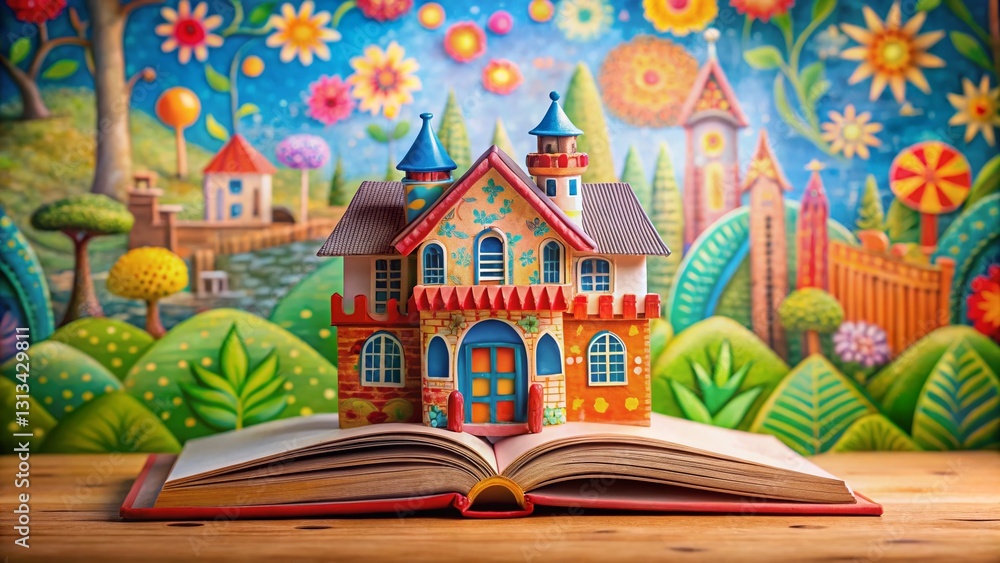 Whimsical Children's Storybook Building Illustration, Patterned Background Whimsical Children's Storybook Building Illustration, Patterned Background