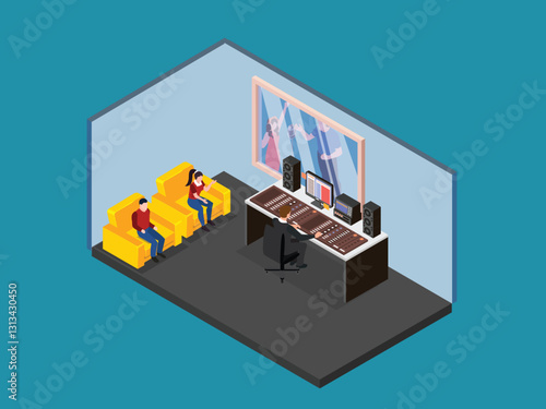 Recording Studio with Sound Engineer and Vocalists 3d flat vector illustrations