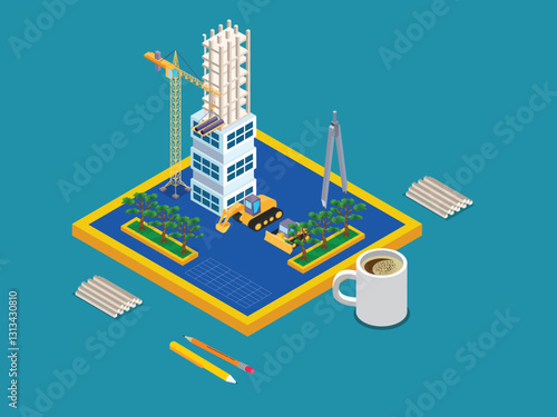 Architectural Planning and Construction Site with Urban Development Elements 3d flat vector illustrations