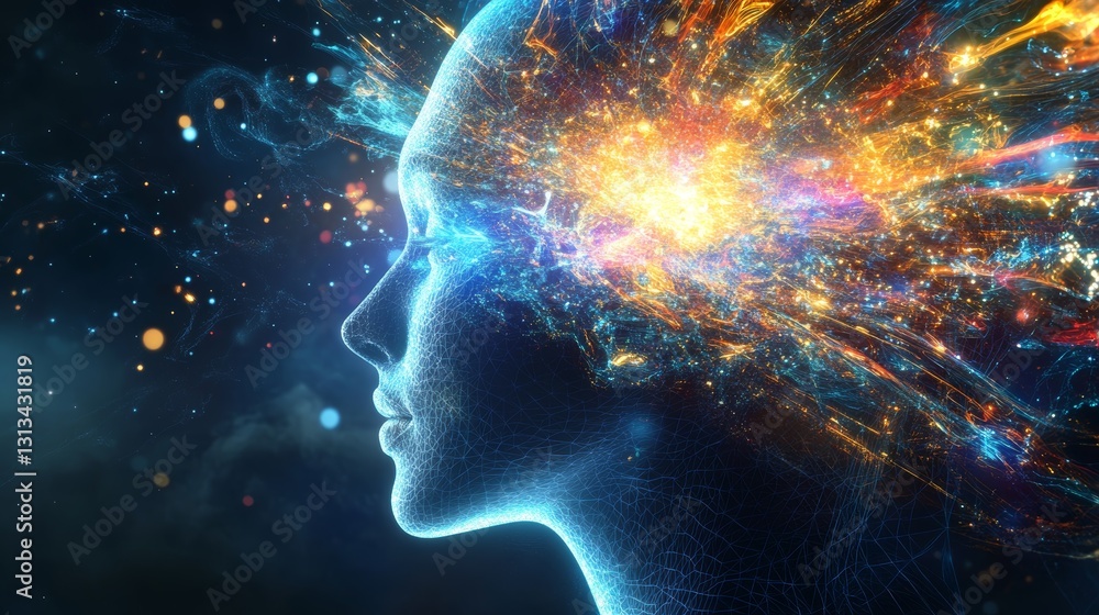A woman's face is shown in a blue and orange swirl of light A woman's face is shown in a blue and orange swirl of light