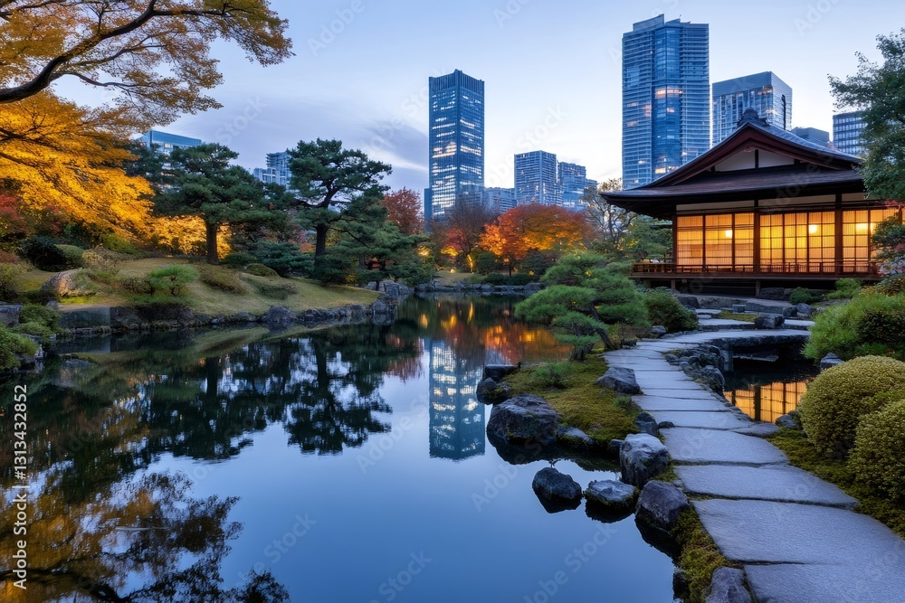 Traditional Japanese house reflecting in pond water at twilight in Tokyo Traditional Japanese house reflecting in pond water at twilight in Tokyo