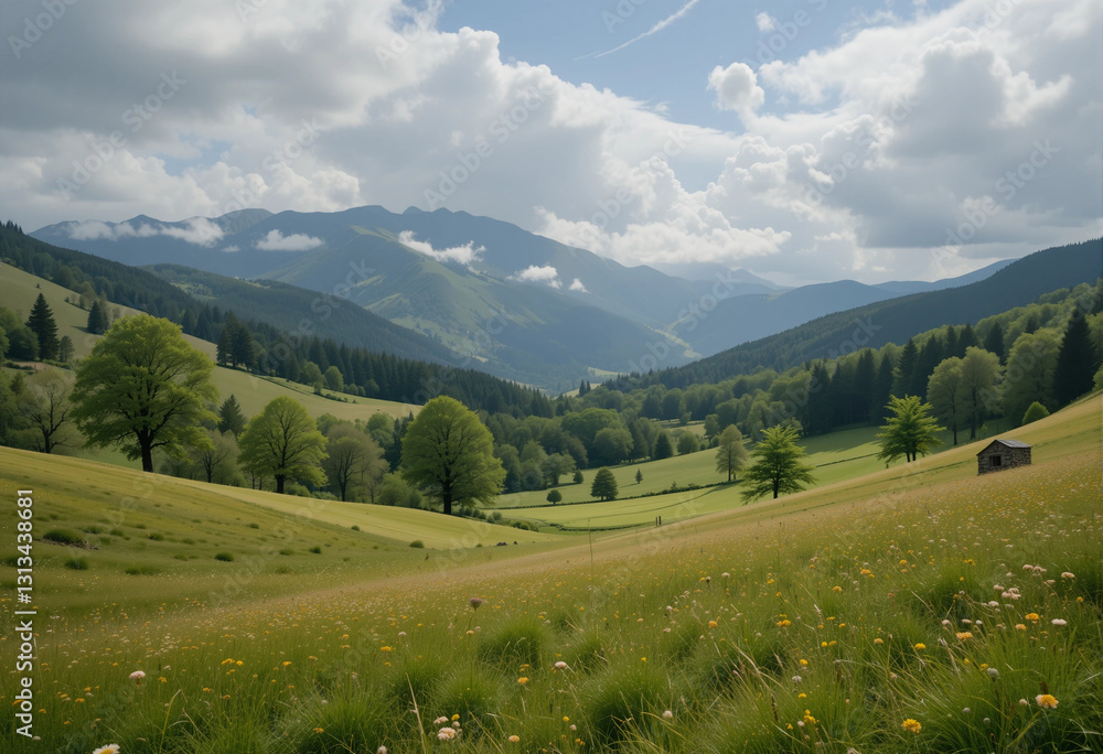A beautiful, lush green field with a small cabin in the distance A beautiful, lush green field with a small cabin in the distance