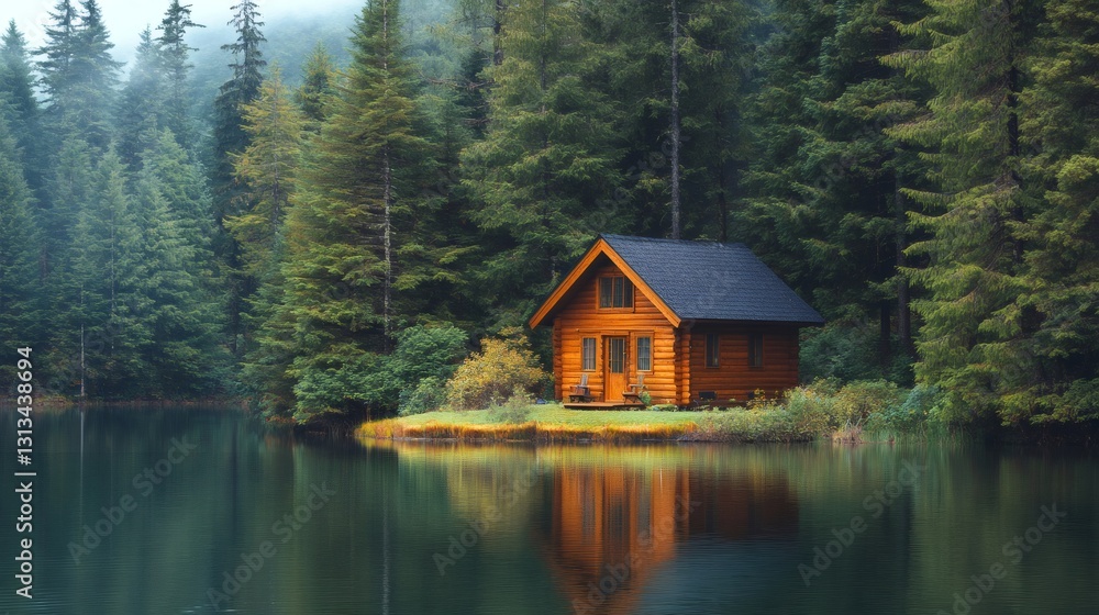 Wooden cabin reflecting on a mountain lake surrounded by forest Wooden cabin reflecting on a mountain lake surrounded by forest