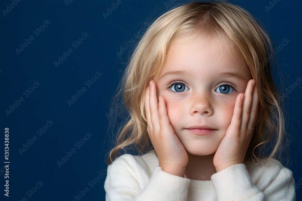 Studio portrait of charming kid holding cheeks with hands on blue background, looking at camera Studio portrait of charming kid holding cheeks with hands on blue background, looking at camera