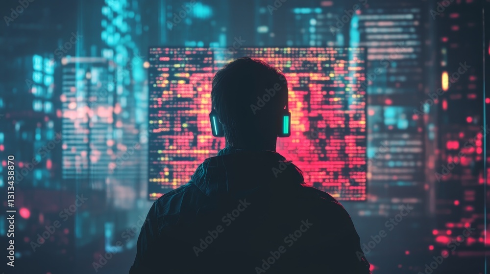 Person in Headphones Gazing at Digital Display in Urban Setting Person in Headphones Gazing at Digital Display in Urban Setting