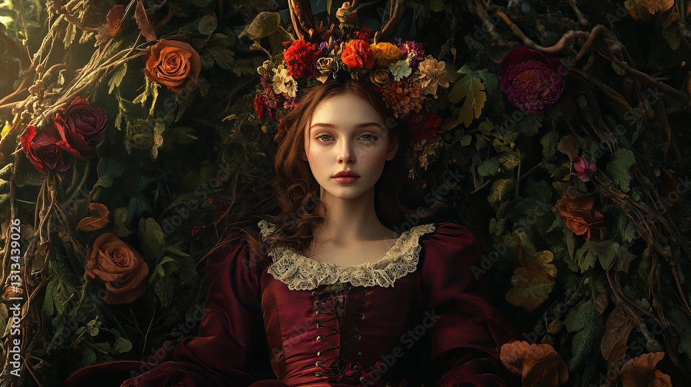 Fototapeta premium Enchanted Portrait of a Dreamy Woman Amidst Floral Foliage