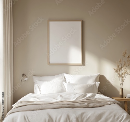 Beige bedroom with framed art and white bedding
