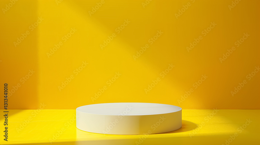 Empty pedestal display on a yellow background with a blank stand for product presentation. Empty pedestal display on a yellow background with a blank stand for product presentation.