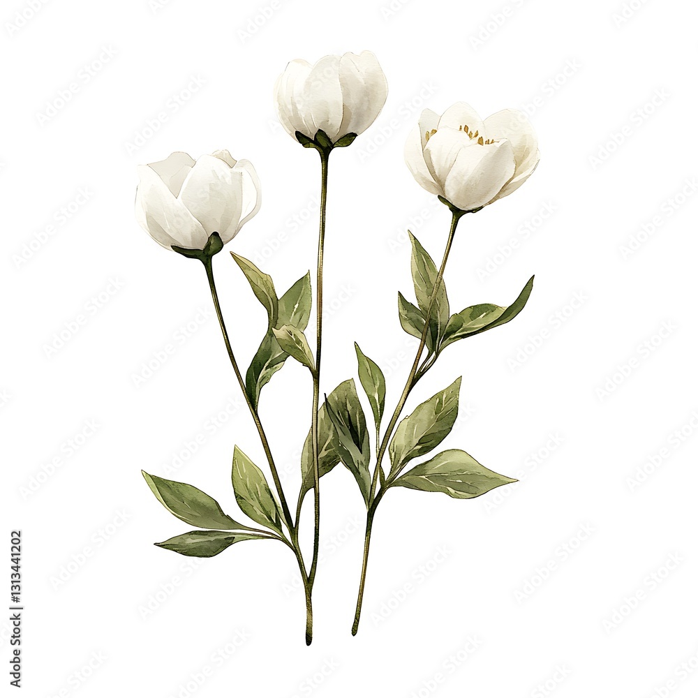 Obraz premium Elegant Watercolor Painting of White Peonies. A delicate illustration of three white peony blossoms with lush green leaves, perfect for adding a touch of nature to your designs.