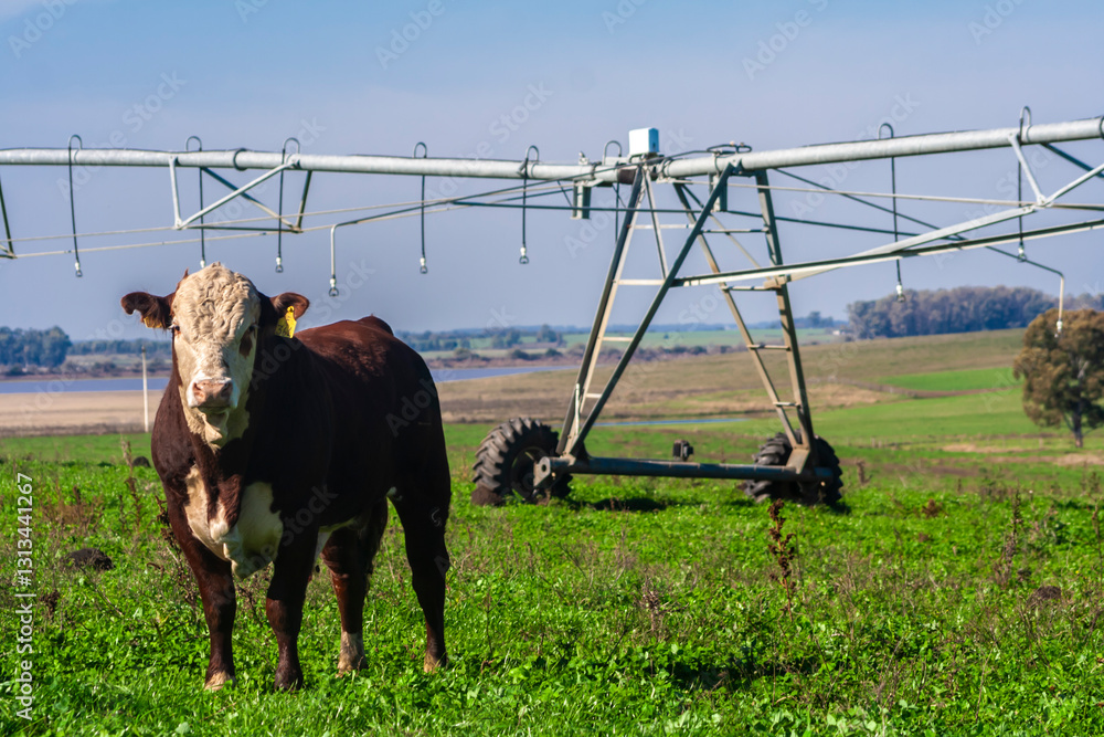 Hereford cattle on green pasture, with an irrigation pivot in the background, on a ranch for beef and dairy cattle, in Brazil