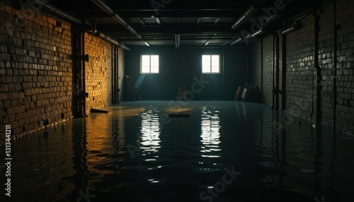 Dimly Lit Flooded Basement with Reflections and Soft Light