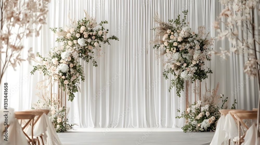 Elegant wedding ceremony venue decorated with flowers and soft fabrics Elegant wedding ceremony venue decorated with flowers and soft fabrics