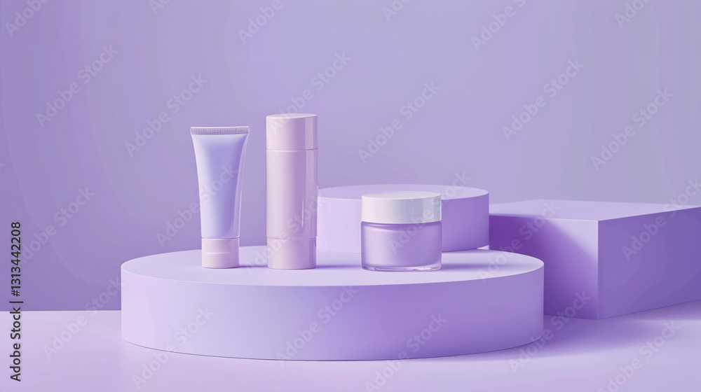 Empty product display on a purple studio background, used for showcasing cosmetic products on a podium. Empty product display on a purple studio background, used for showcasing cosmetic products on a podium.