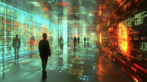 Futuristic Digital Space with Silhouetted Figures and Data Streams