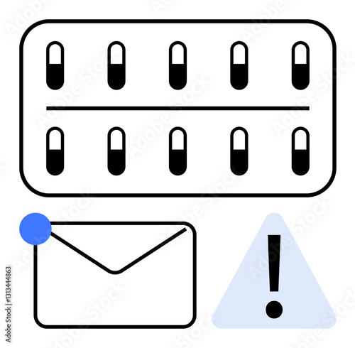 Blister pack with pills, unopened mail icon with notification dot, and alert triangle symbol. Ideal for health, communication, medication management, pharmacy, notifications, email patient safety