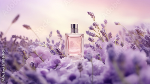 Elegant Perfume Glass Bottle In French Lavender and Purple Flower Fields Floral Fragrance. Soft Bokeh Background. Product Mockup.