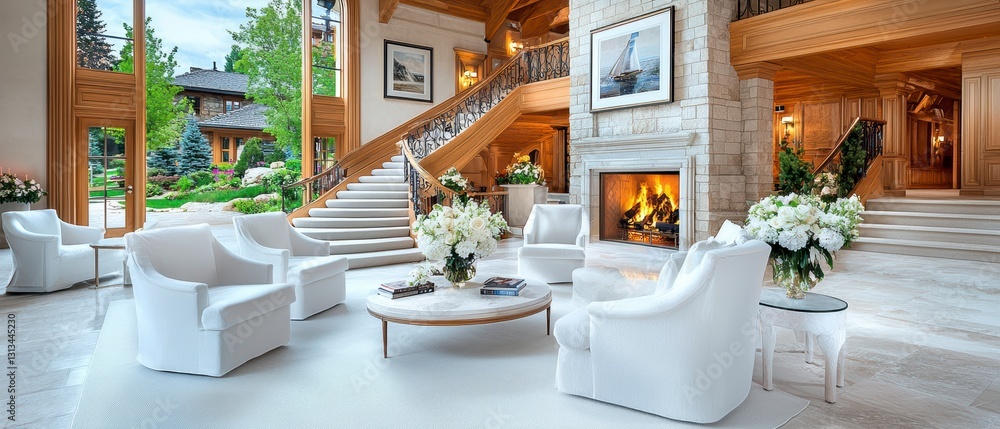 Fototapeta premium Elegant living room design luxury home interior photography cozy environment wide angle view modern aesthetic