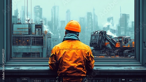 Worker Observing Futuristic Cityscape From Control Room