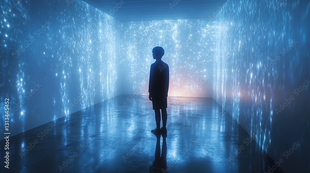 A solitary person stands in a room of glowing particles A solitary person stands in a room of glowing particles