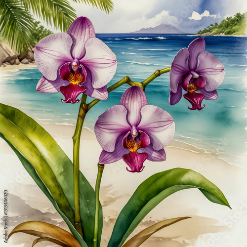 tropical watercolor illustration of an exotic orchid found on one of the lush islands of the Seychelles