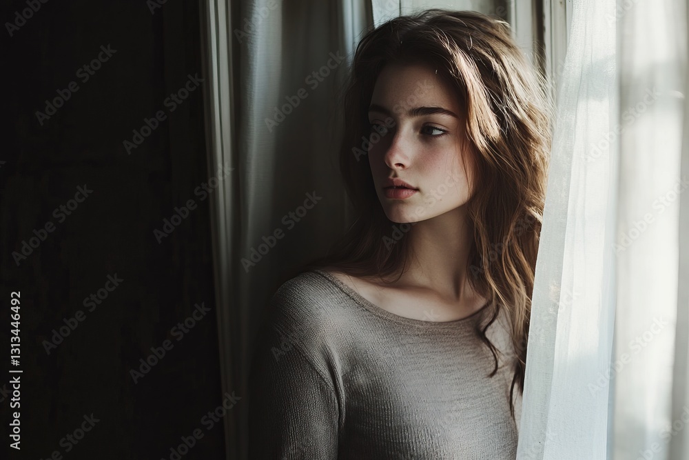 Naklejka premium Contemplative Young Woman Gazing Out a Window with Soft Light