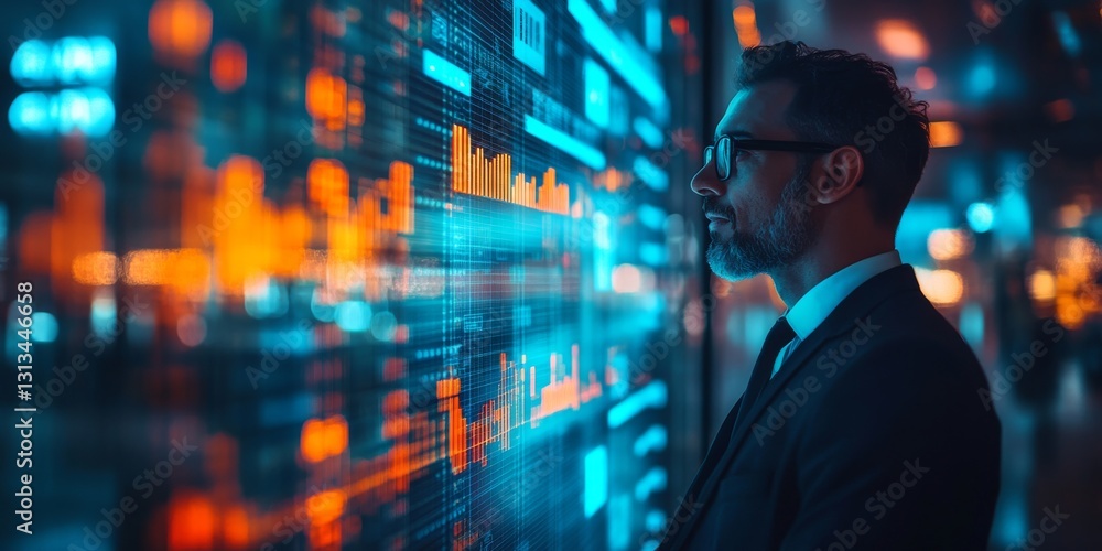 Businessman analyzing big data on interactive screen in futuristic office Businessman analyzing big data on interactive screen in futuristic office