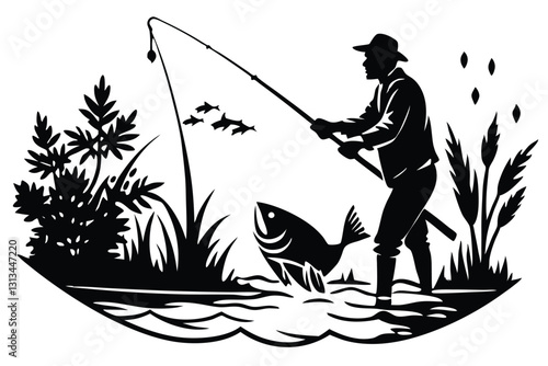 Fisherman Fishing Silhouette illustration isolated on a white background