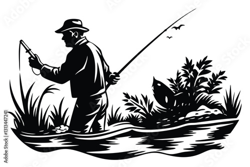 Fisherman Fishing Silhouette illustration isolated on a white background