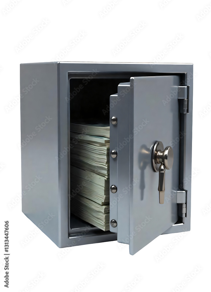 Three-dimensional silver-grey safe deposit box that opened with banknotes inside on isolated transparent background. Three-dimensional silver-grey safe deposit box that opened with banknotes inside on isolated transparent background.