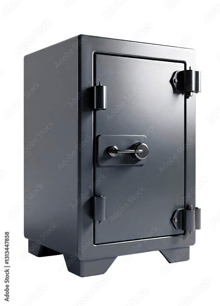 Three-dimensional silver-grey safe deposit box that closed on isolated transparent background. Three-dimensional silver-grey safe deposit box that closed on isolated transparent background.