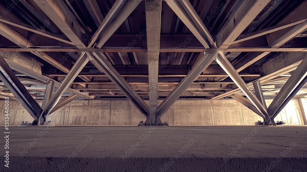 Underneath a Modern Building with Exposed Steel Beams and Support Underneath a Modern Building with Exposed Steel Beams and Support