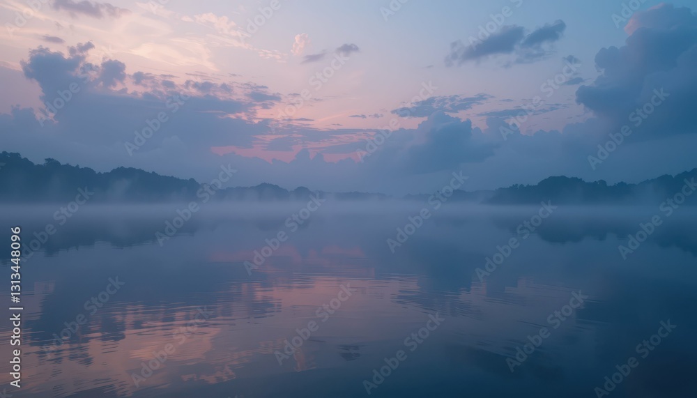 Serene Morning Mist Over Calm Lake Surrounded by Lush Forest Serene Morning Mist Over Calm Lake Surrounded by Lush Forest