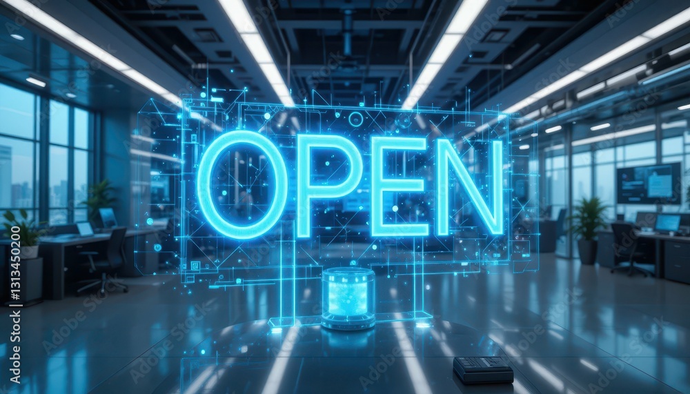 Bright Neon Open Sign in Modern Office Environment Technology Bright Neon Open Sign in Modern Office Environment Technology