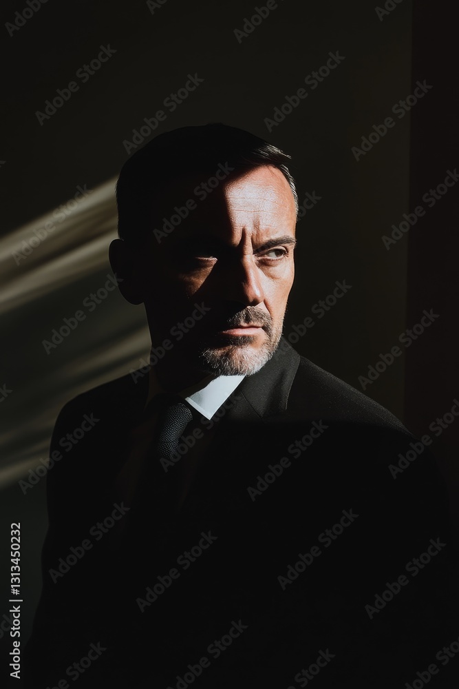 Fototapeta premium A man in a suit is standing in front of a wall