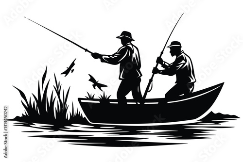 A man is fishing on a boat vector silhouettes