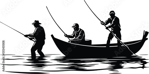 silhouette Fishing on a river or a lake Vector illustration