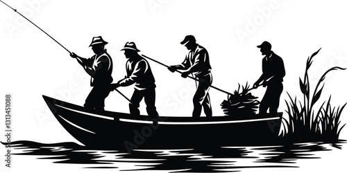 silhouette Fishing on a river or a lake Vector illustration