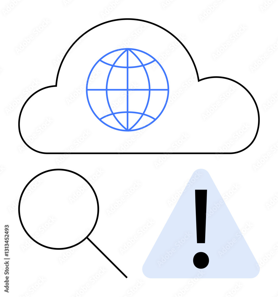 World globe inside a cloud, magnifying glass, and alert sign highlight cybersecurity, exploration, and risk management. Ideal for technology, internet, safety, research data protection analysis World globe inside a cloud, magnifying glass, and alert sign highlight cybersecurity, exploration, and risk management. Ideal for technology, internet, safety, research data protection analysis