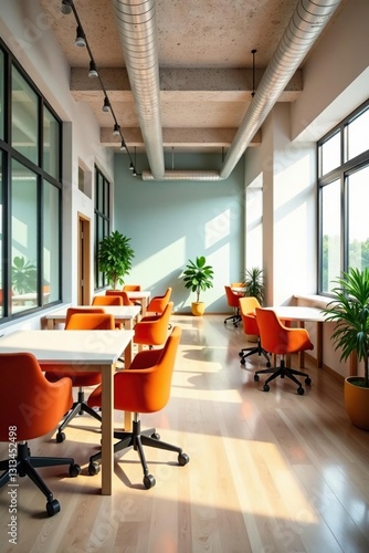 Bright, airy coworking area with communal tables , workspace, clean