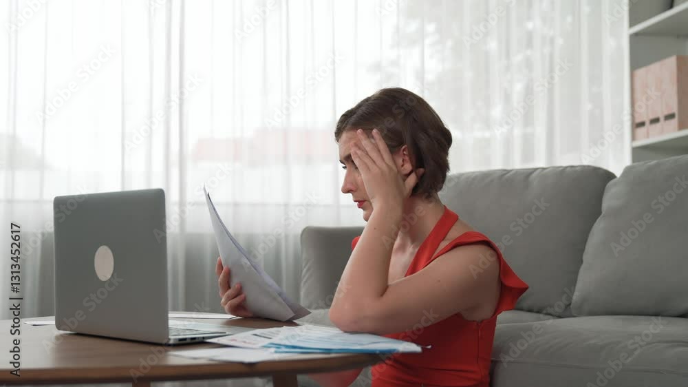 Stressed young woman has financial problems with credit card debt to pay prim from bad personal money and mortgage pay management crisis. Woman worry about financial bankruptcy risk from over spending Stressed young woman has financial problems with credit card debt to pay prim from bad personal money and mortgage pay management crisis. Woman worry about financial bankruptcy risk from over spending