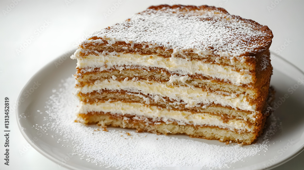 Delightful Kardinalschnitten on White Plate with Powdered Sugar Coating and Layers of Cream Delightful Kardinalschnitten on White Plate with Powdered Sugar Coating and Layers of Cream