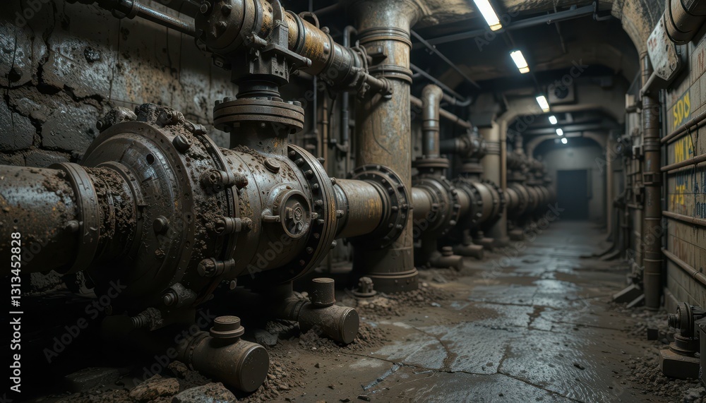 Abandoned Industrial Pipes in Dark Grungy Factory Corridor Abandoned Industrial Pipes in Dark Grungy Factory Corridor