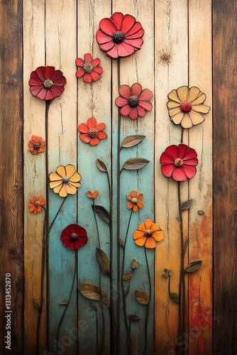 Metal Flower Wall Art on Rustic Wood Panel