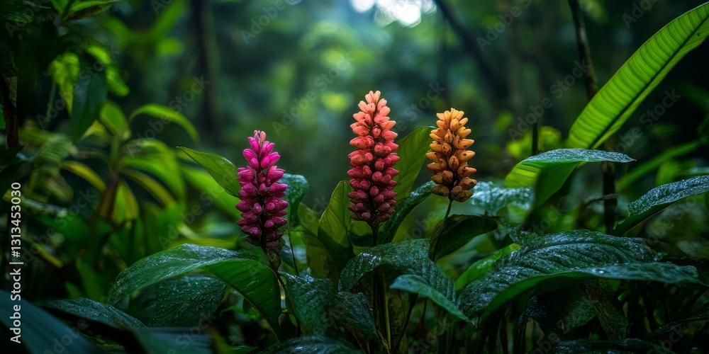 Vibrant Ginger Flowers in a Lush Tropical Forest
