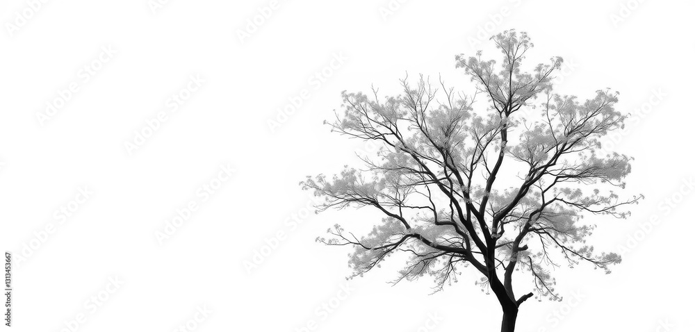 Obraz premium Lone deciduous tree, branches reaching skyward, stark white backdrop, landscape, nature